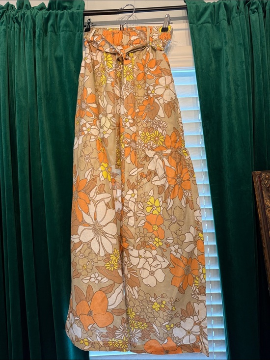 Pants - Floral Paperbag Waist Wide-Leg Pants- Orange & Tan